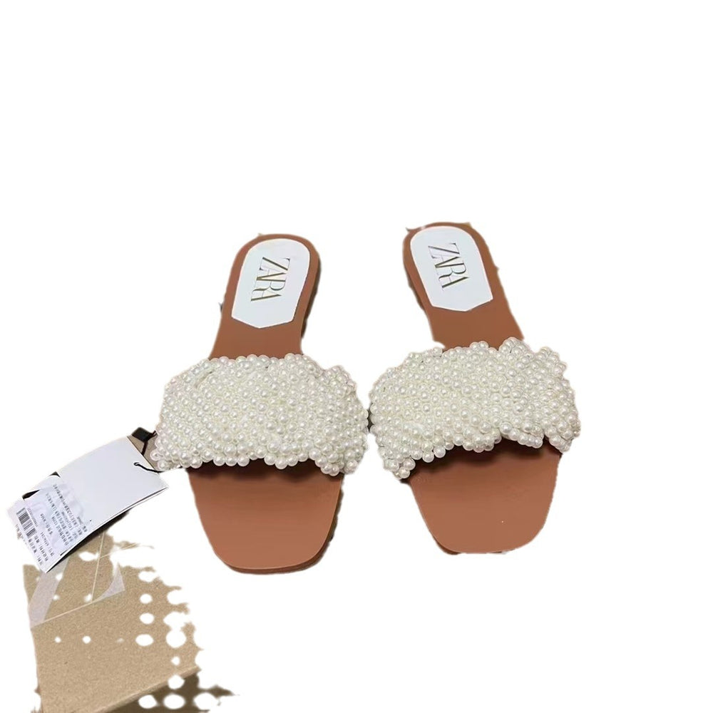 2024 summer new women's shoes: faux pearl embellished mules, low heel open toe, versatile casual beach sandals