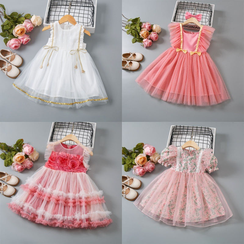 Girls' dress  summer new arrivals: sweet floral print princess dress for toddlers and young children with mesh overlay