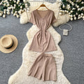 Simple commute style slim-fit elegant two-piece set for women - summer v-neck button-up vest and shorts outfit