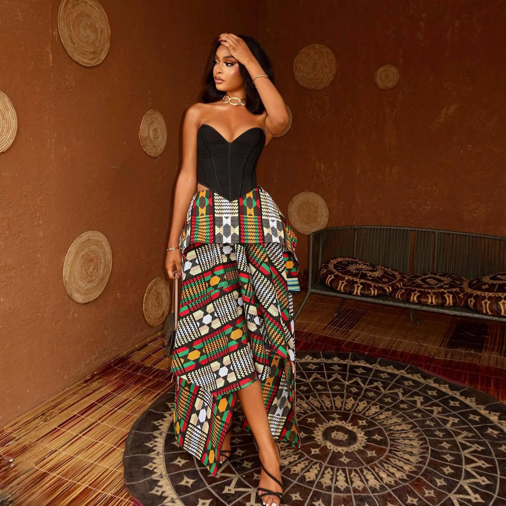 European and american cross-border women's fashion:  summer new arrivals - vintage high-waisted, slimming a-line asymmetrical print midi skirt