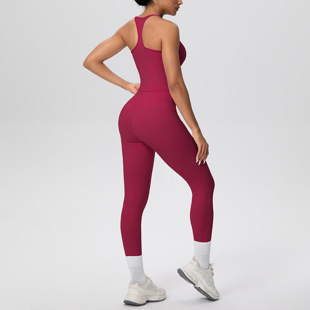 New arrival cross-border brushed back tight i-shaped back flap pocket pants yoga suit sports running fitness two-piece set