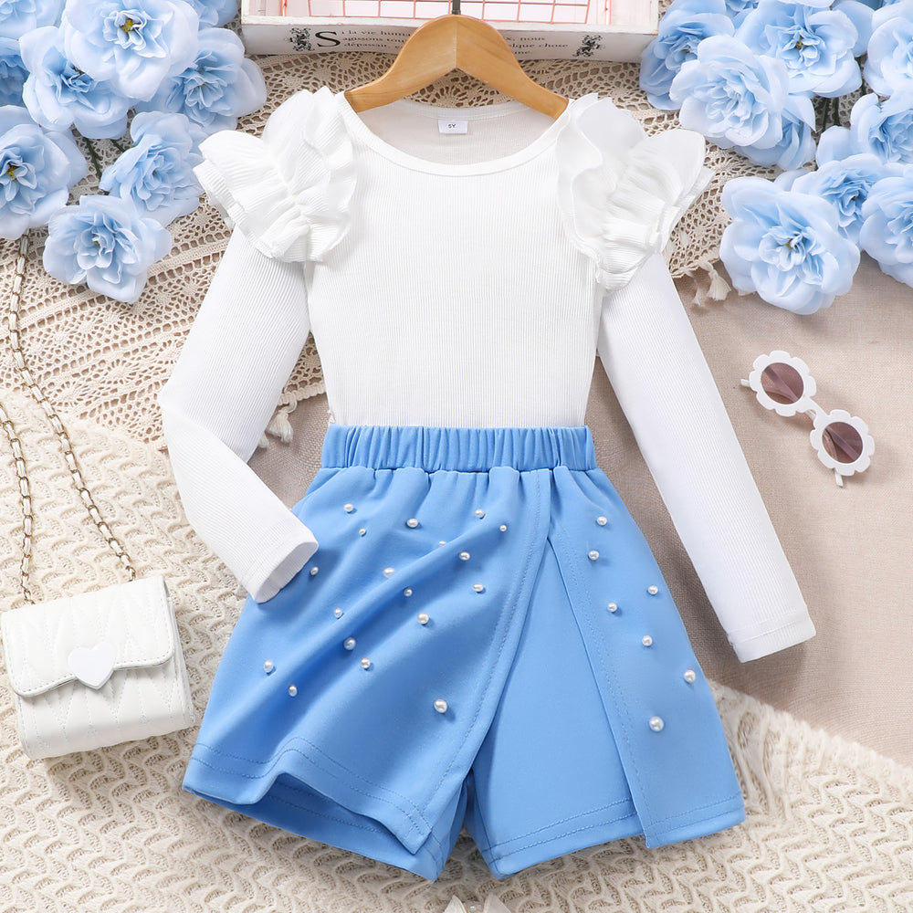 Girls' two-piece set: solid color long-sleeve crewneck top + elastic waist beaded skort