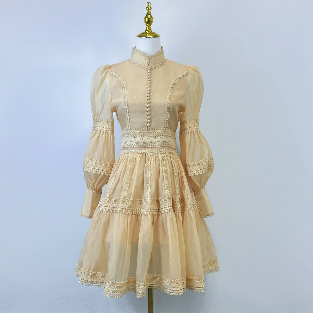 export design: autumn elegant court style lantern sleeve fitted waist dress with stand collar and lace trim mini skirt