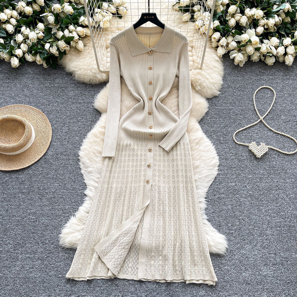 French retro polo collar long sleeve metallic buckle waist dress women's autumn slimming elegant crochet knit maxi dress