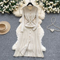 French retro polo collar long sleeve metallic buckle waist dress women's autumn slimming elegant crochet knit maxi dress