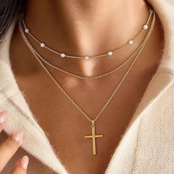 European and american cross-border new artificial pearl clavicle chain creative cross pendant necklace retro multi-layered necklace