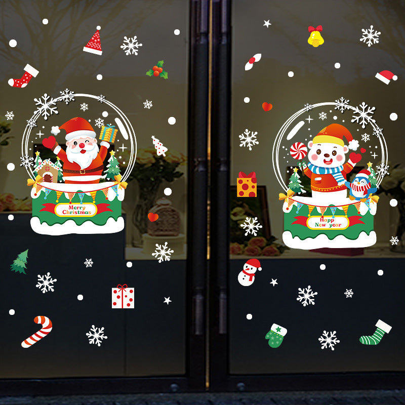 Christmas decorative glass door sticker shop window scene arrangement Santa Claus glass ball snowflake glue-free static sticker