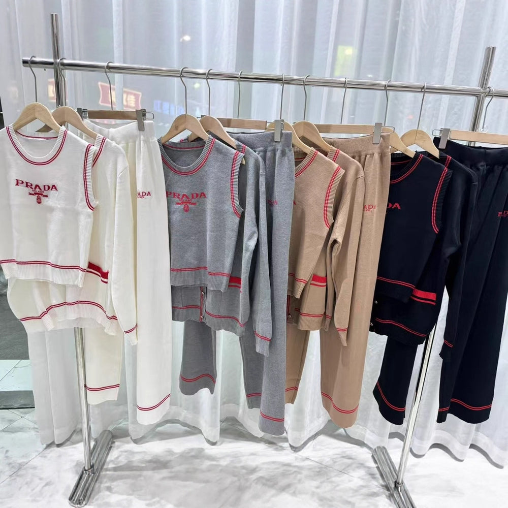 new arrival: letter print sleeveless pullover knit top, cardigan jacket, and casual wide-leg pants three-piece set for women