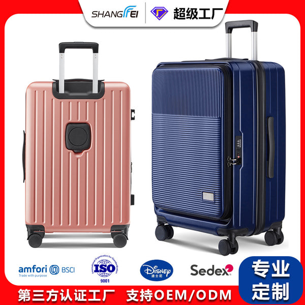Front open lid portable suitcase custom logoTSA password lock lid middle cover trolley case water cup holder suitcase bag