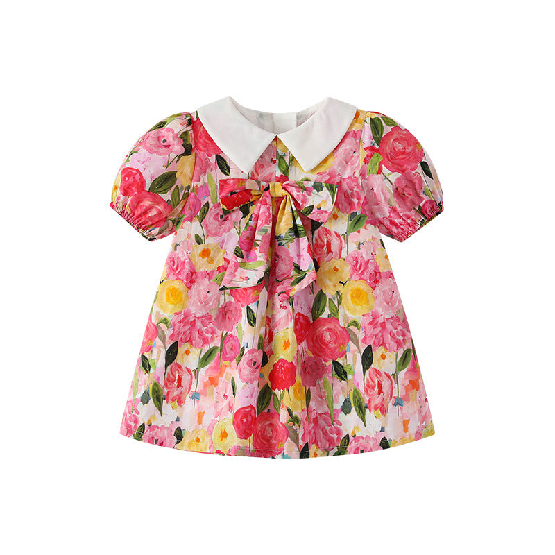 New chinese style children's dress -  summer collection: oil painting rose floral print with bow detail, girls' princess dress