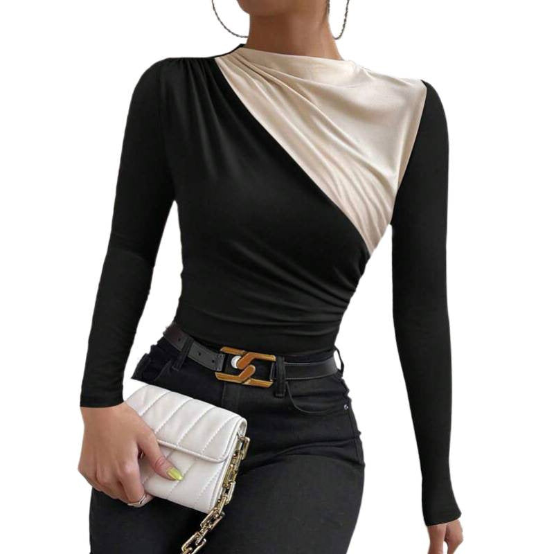 Shipped: women's color block asymmetrical neck bodycon top - long sleeve drapey slim fit blouse, perfect for party nights