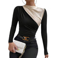 Shipped: women's color block asymmetrical neck bodycon top - long sleeve drapey slim fit blouse, perfect for party nights