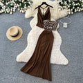 Pure desire style work clothing leopard print patchwork vest skirt two-piece set women's summer backless pleated silmslimming looksuit