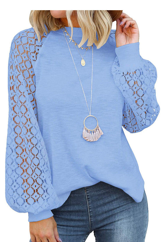 new cross-border  autumn/winter round neck long sleeve lace patchwork loose top for women