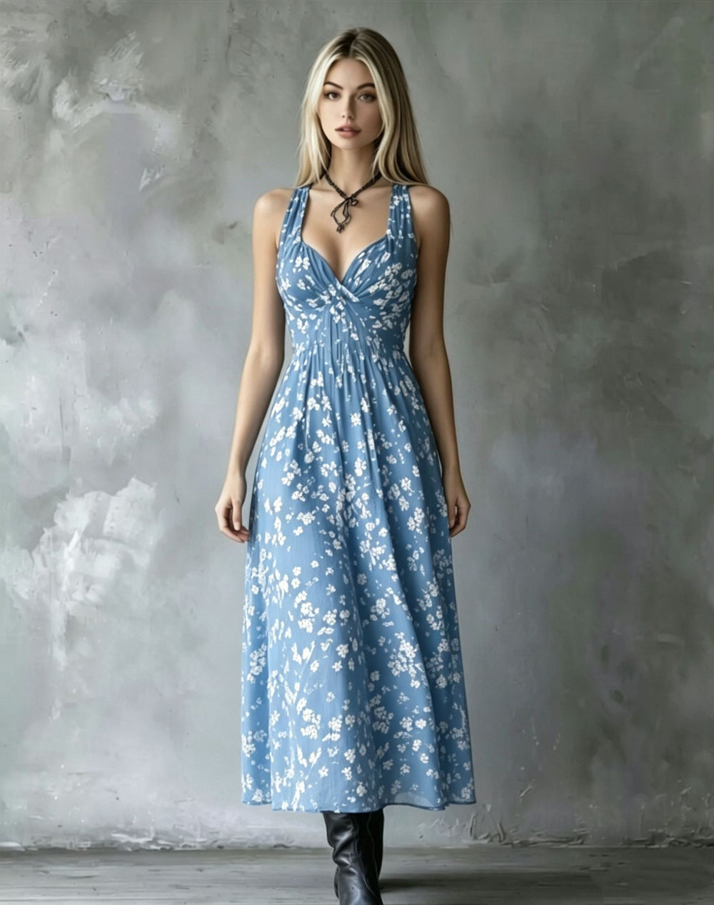 european and american halter floral dress -  bestseller, v-neck, slim fit, vacation style midi dress - cross-border e-commerce