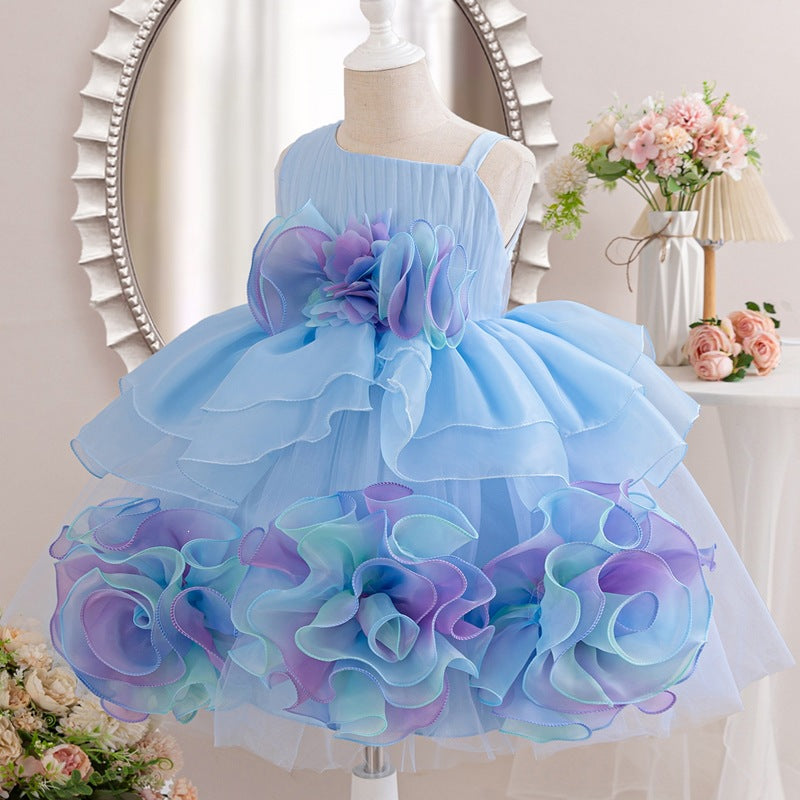 Puff skirt first birthday oblique princess dress summer flower dress birthday kids dress performance costume half sleeve girl 3d