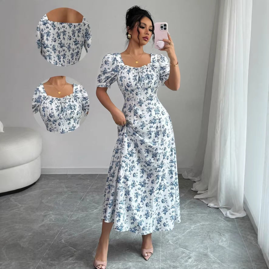 new european and american style printed v-neck summer bubble sleeve dress