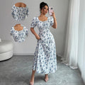 new european and american style printed v-neck summer bubble sleeve dress