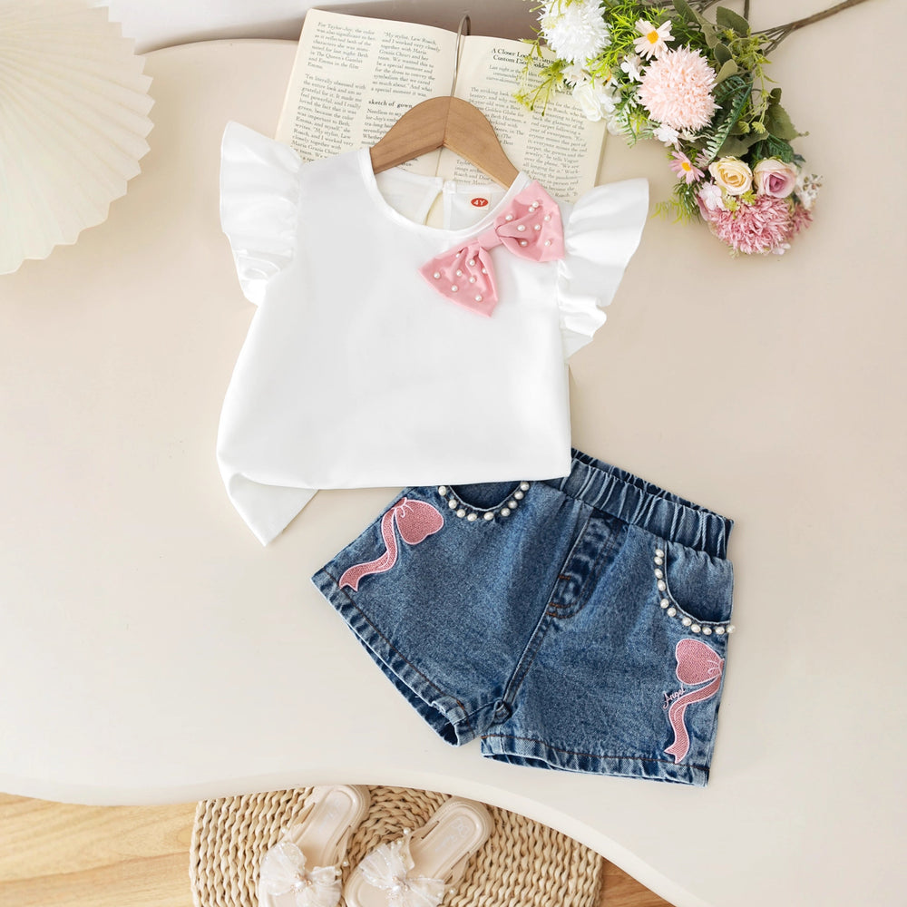 new arrival: girls' european & american style, elegant solid color flutter sleeve t-shirt with cute bow + denim shorts set