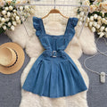 Korean style women's age-reducing preppy sweet flutter sleeve cami dress - vintage denim a-line mini skirt - trendy