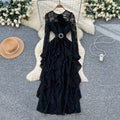 Frenchclassy stereo flower rufflespatchworklong sleeveslacedress women's accessible luxuryelegance dress long skirt