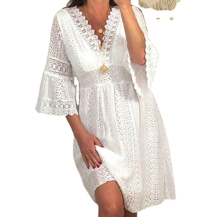 european and american  spring new arrivals: european and american export v-neck hollow-out lace flared sleeve dress