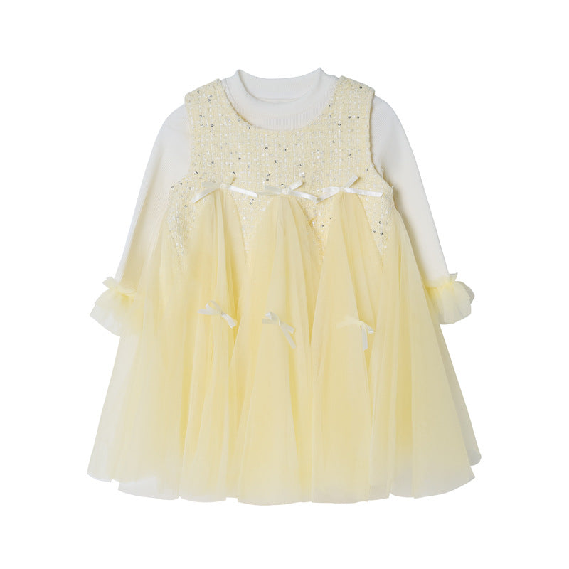 Girls' dress - new autumn  collection: stylish and sweet mesh skirt, chanel-inspired patchwork dress with bow detail, perfect for special occasions