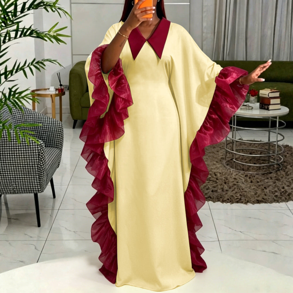 African plus size loose lapel batwing sleeve dress - tiered ruffle hem party bubu gown