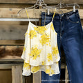 European and american  summer new arrival: yellow floral double-layer chiffon cami top - loose fit, sleeveless vacation style