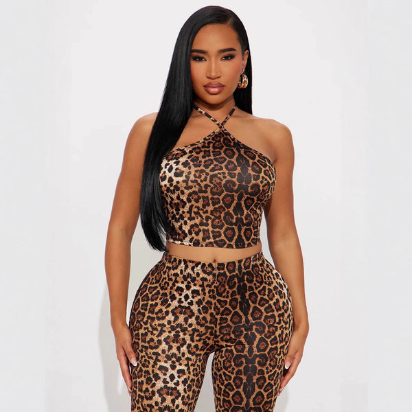 Europe and the United States new  women's clothing sexy neck sleeveless top vest waist-length fashion trousers leopard print printing set
