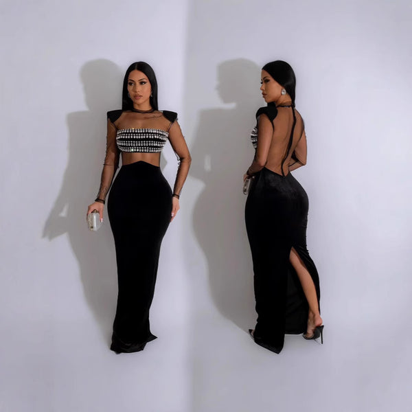 Foreign trade   European and American fashion women's clothing mesh yarn hot diamond solid color perspective long-sleeved long dress dress women