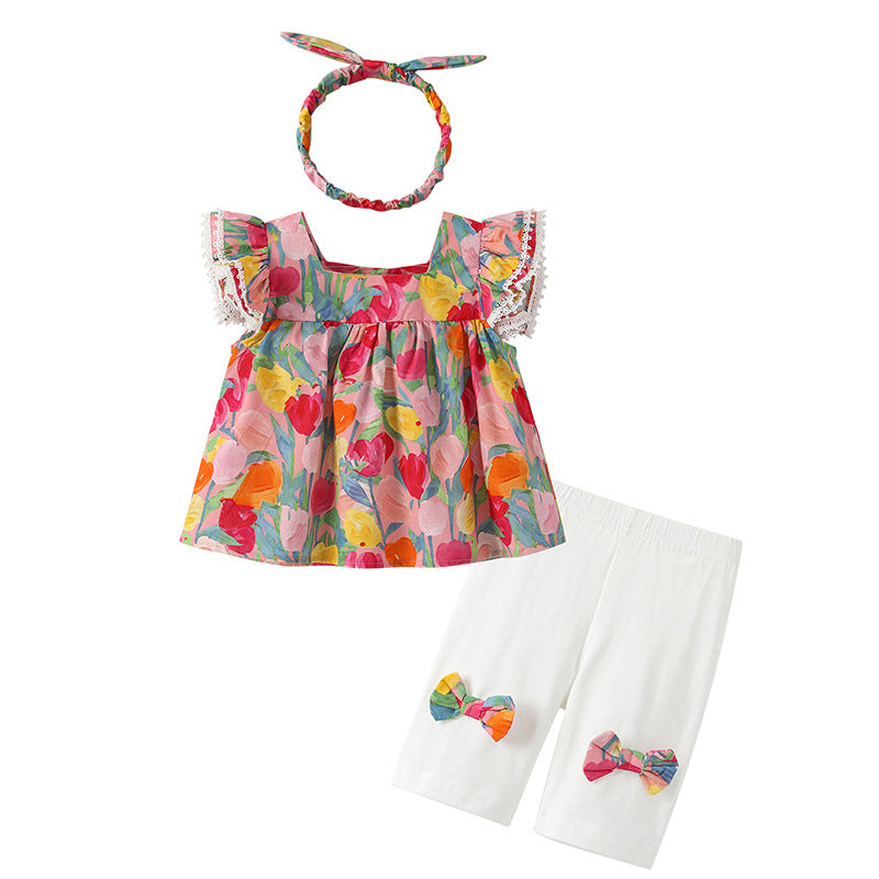 Girls' summer outfit set  new style: trendy kids' short-sleeve, shorts, and flutter-sleeve three-piece set - baby clothes, toddler clothing