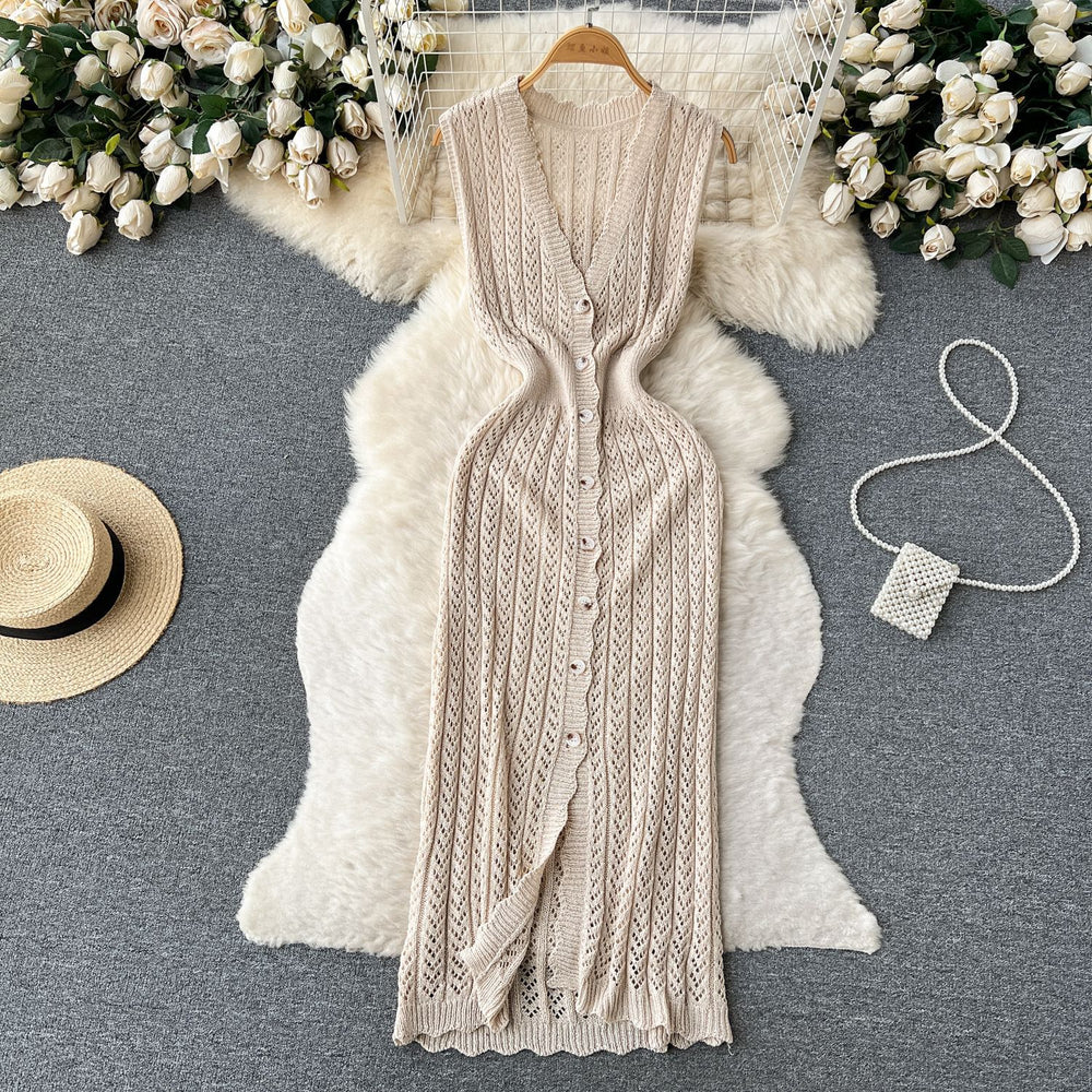 Summer korean chic slimming crochet sleeveless dress - women's single-breasted v-neck bodycon slit maxi dress