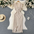 Summer korean chic slimming crochet sleeveless dress - women's single-breasted v-neck bodycon slit maxi dress