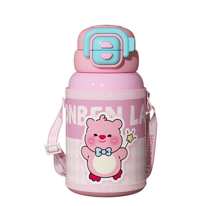 Kids' insulated water bottle, 316 food-grade stainless steel, eco-friendly pu sleeve, double-drink straw cup for elementary school students