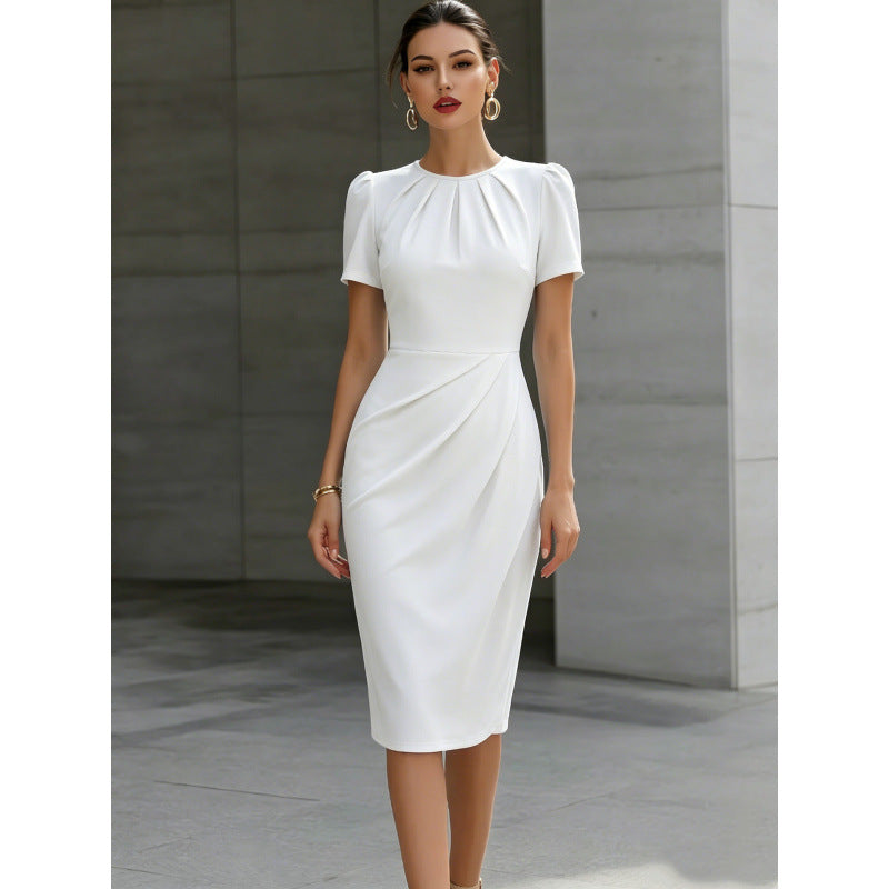 european and american independent station new arrival round neck pleated waist dress