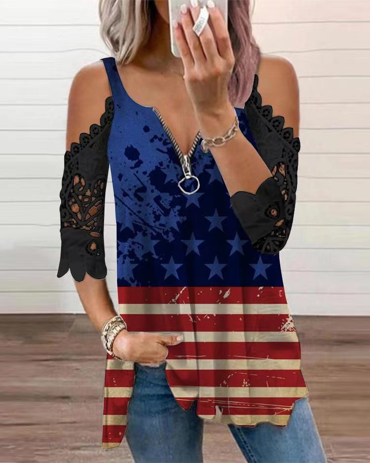 new spring/summer cross-border women's fashion: european and american style export top - camisole with cutout lace sleeves, knitted t-shirt for women