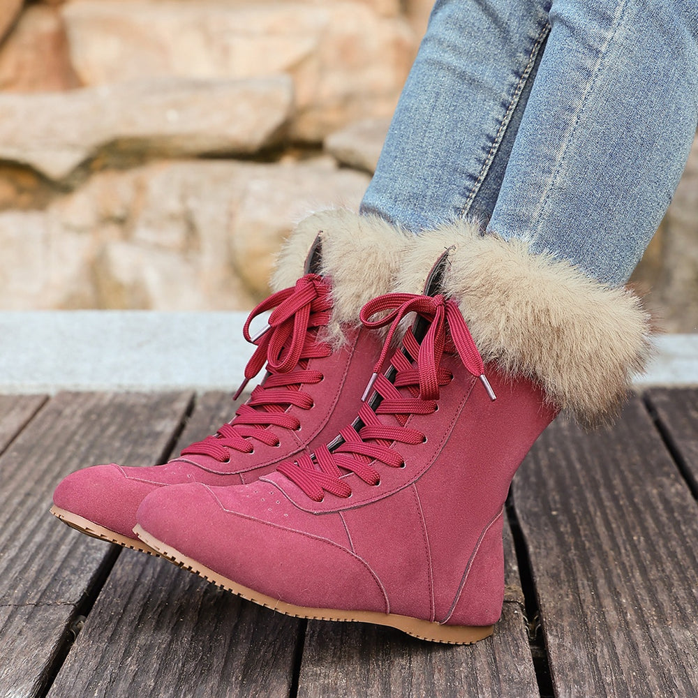 plus size  new versatile fashion casual comfortable lace-up fuzzy flat snow boots retro women's boots
