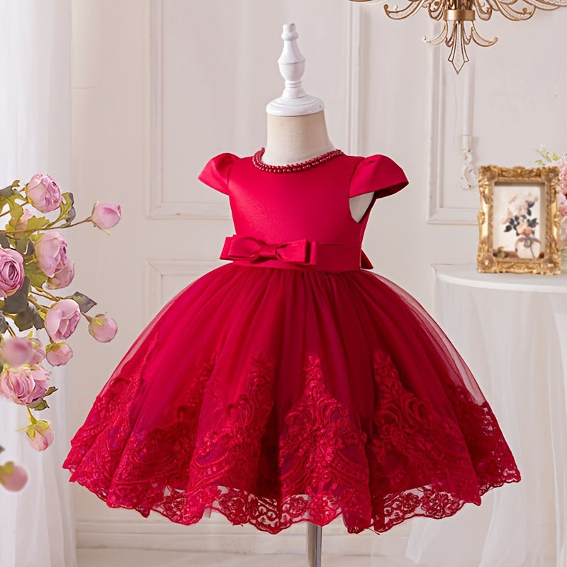 new product flying sleeves beaded first birthday dress embroidered bows fluffy trailing skirt flower children's clothing catwalk performance costume
