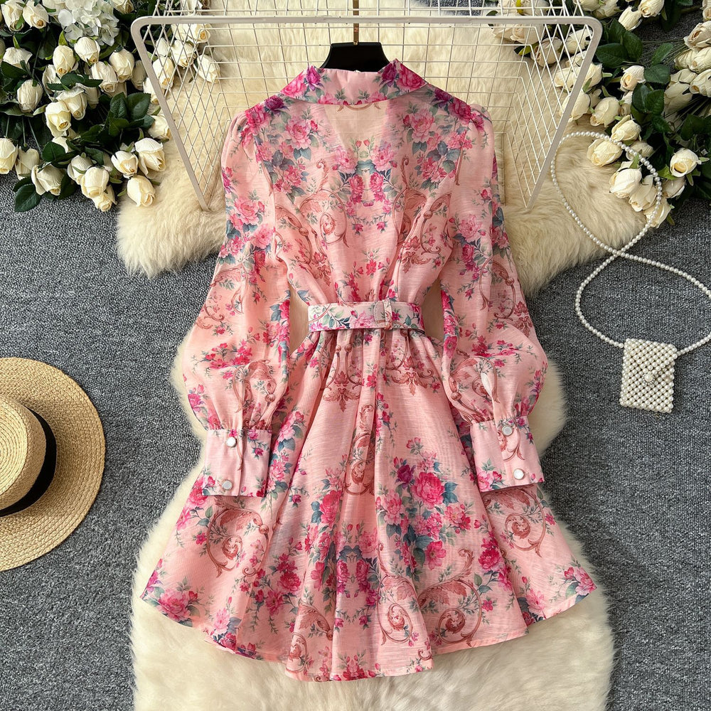 European and american style high-end blazer collar tie-waist printed dress - women's elegant french-inspired formal mini dress