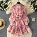 European and american style high-end blazer collar tie-waist printed dress - women's elegant french-inspired formal mini dress