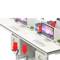 Modern minimalist office desk and chair set - 4-6 person workstation with partitioned desks and booth seating for employees