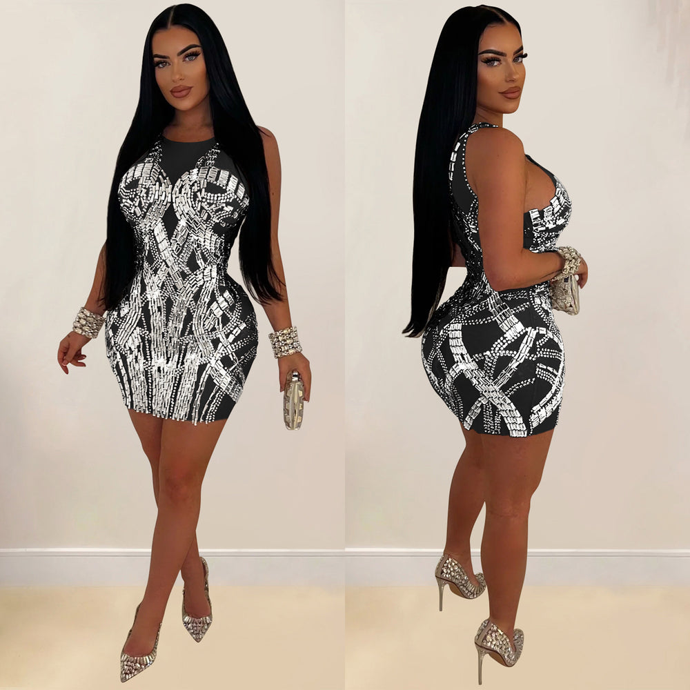 C6898 cross-border   fashion women's solid color mesh rhinestone mini dress
