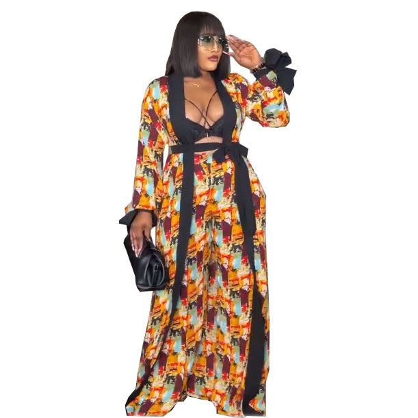 European and american style african digital print robe and cape set with printed loose wide-leg pants and belt - special offer