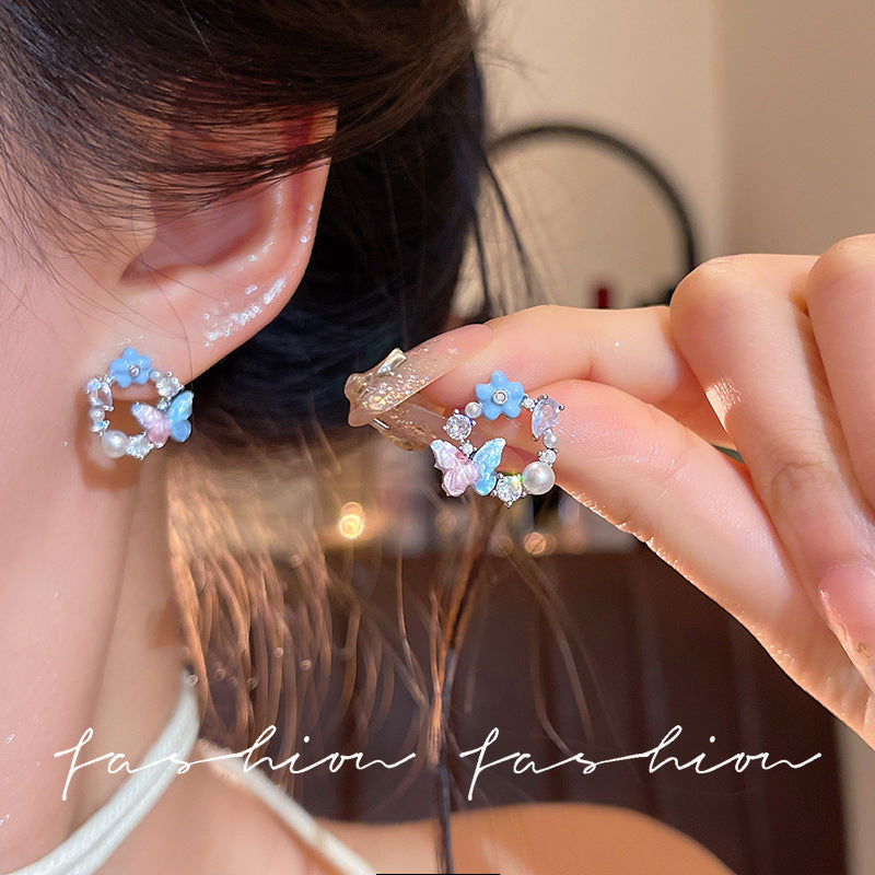 Sweet gradient butterfly flower stud earrings - women's high-end, light luxury design, elegant, fresh, and gentle style earrings