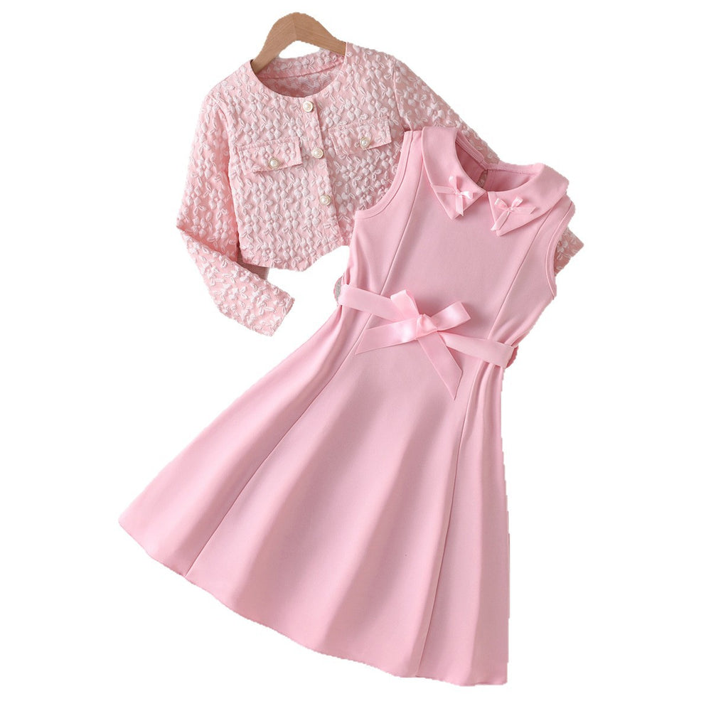 girl pink suit small fragrant outwear vest lapel long skirt bows belt kids skirt dress