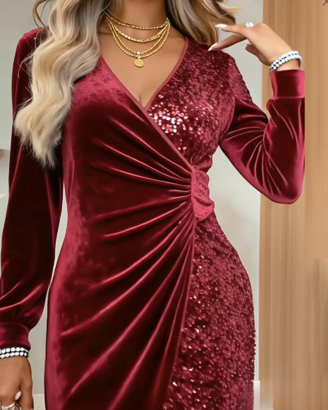 european and american cross-border  independent station new sexy fashion v-neck sequin velvet bodycon dress