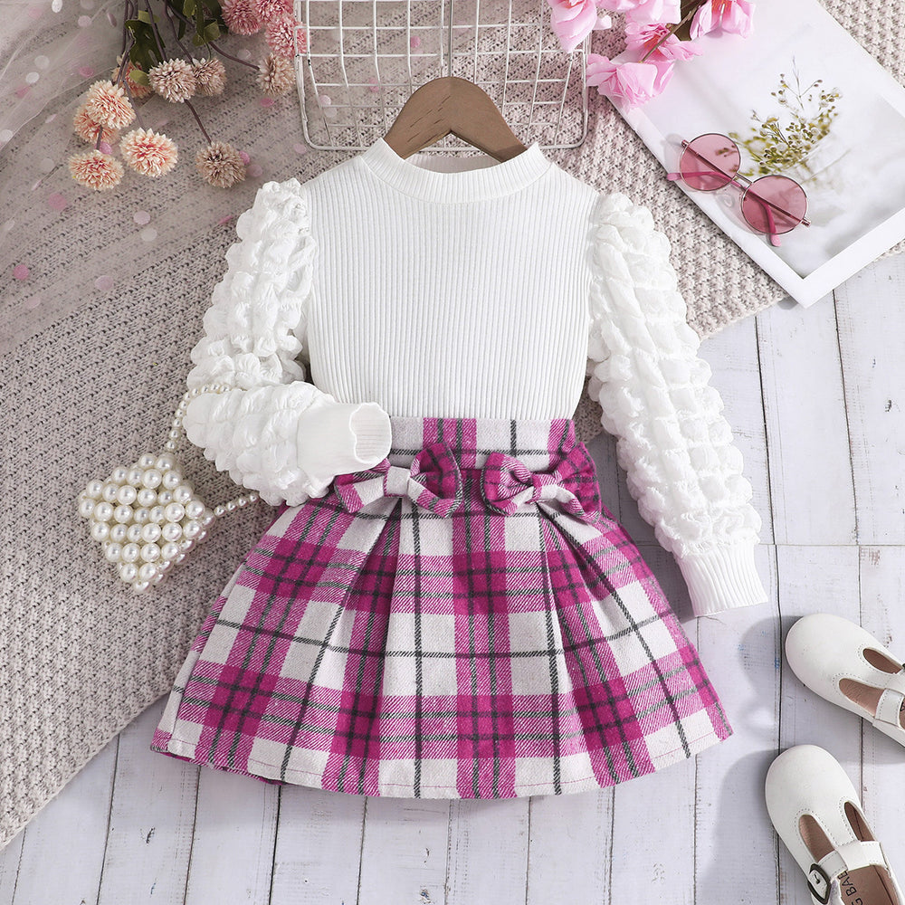 autumn new arrivals: puff sleeve top + plaid midi skirt - european & american style, direct from the manufacturer for cross-border e-commerce, girls' fashion wholesale