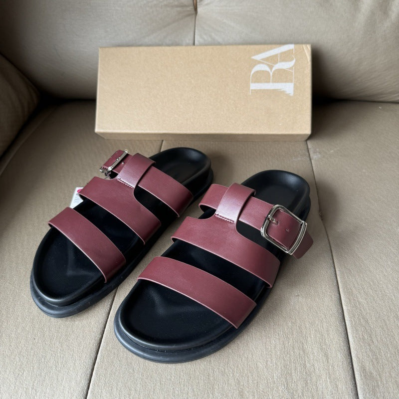 Spanish 2025 summer new arrival: one-strap, open-back women's sandals - crimson red, flat, round-toe, lace-up leather sandals