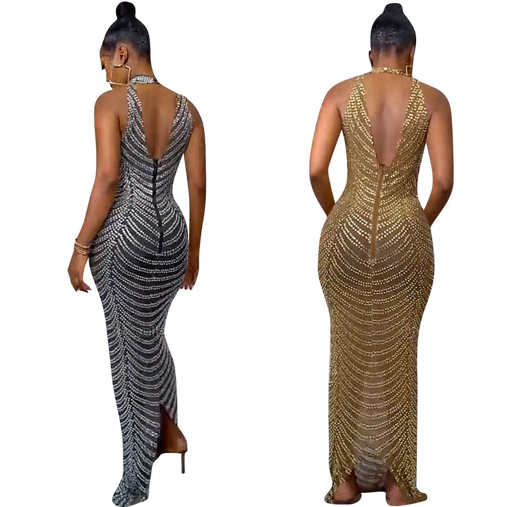 X5259 european and american fashion   sexy backless nightclub party dress rhinestone see-through maxi dress for women